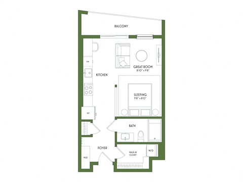 Floor plan for studio, 1 bath, 533 sqft